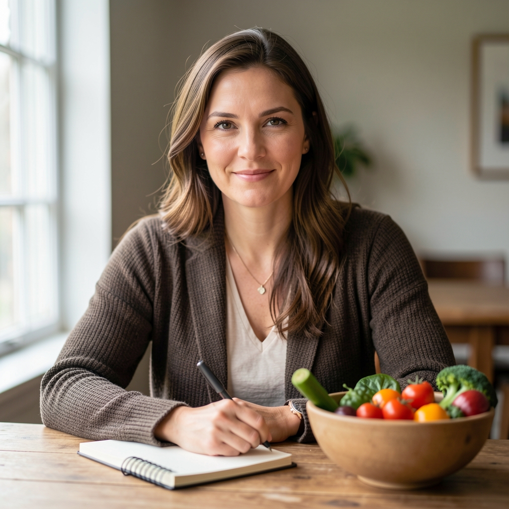 Editorial portrait of a food writer seated at a wooden desk with a notebook and bowl of seasonal vegetables, soft natural light from a tall window on the left side