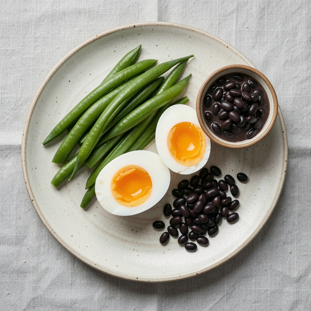 Two soft-boiled eggs halved on a ceramic plate beside steamed green beans and a small bowl of black beans, serving from directly above on a pale grey linen surface with minimal props